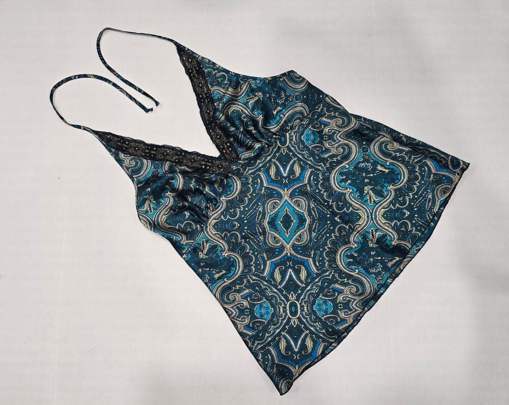 Vintage Y2K Paisley Halter Top XL Teal Blue Beaded Sequin Handkerchief Boho